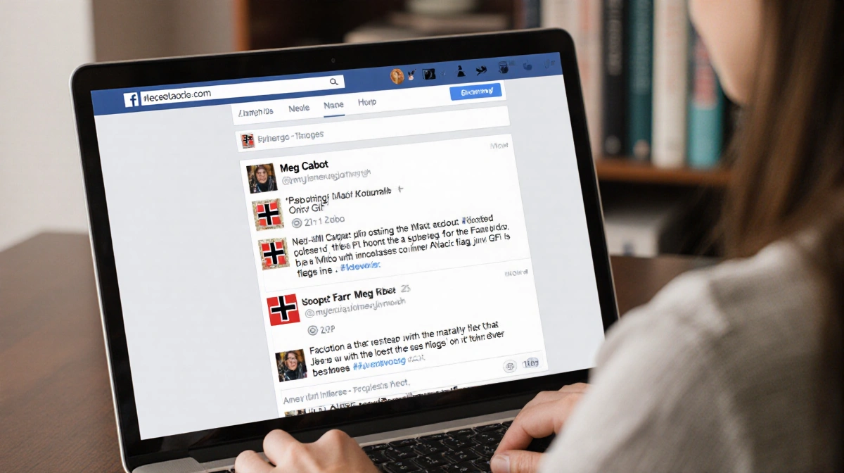 Author sits at laptop with Facebook apology post visible and blurred bookshelf behind