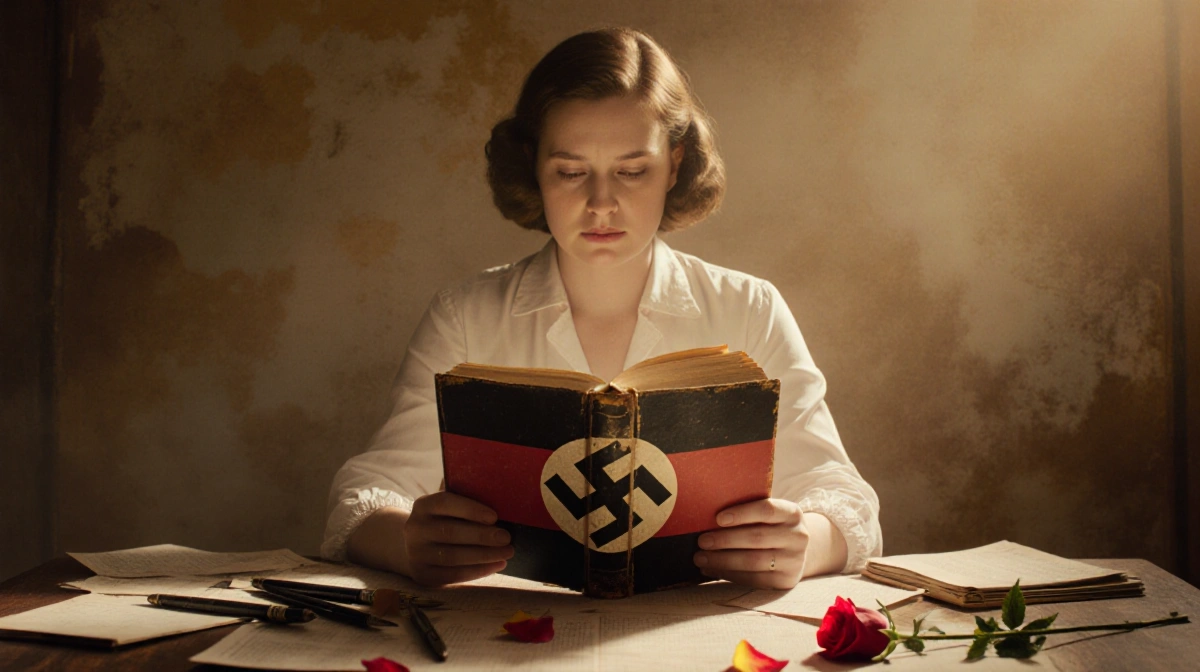 Meg Cabot holding an old book with Nazi flag overlay and rose petal on desk showing regret