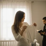 Megan Fox holding baby onesie with MGK reading nearby in modern nursery with soft natural light