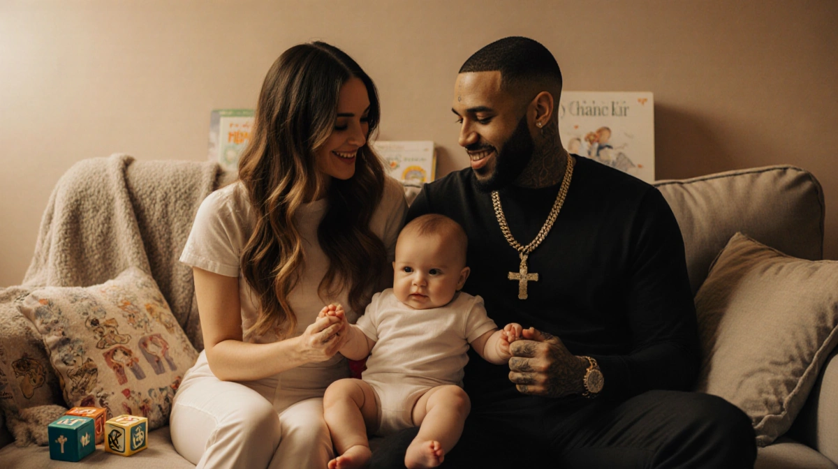 Megan Fox and MGK hold hands with their baby while sitting on couch with baby toys and blocks nearby