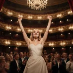 Megan Hilty takes final bow with arms raised and tears of joy as theater applauds under glowing chandeliers