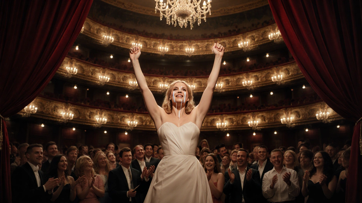 Megan Hilty takes final bow with arms raised and tears of joy as theater applauds under glowing chandeliers