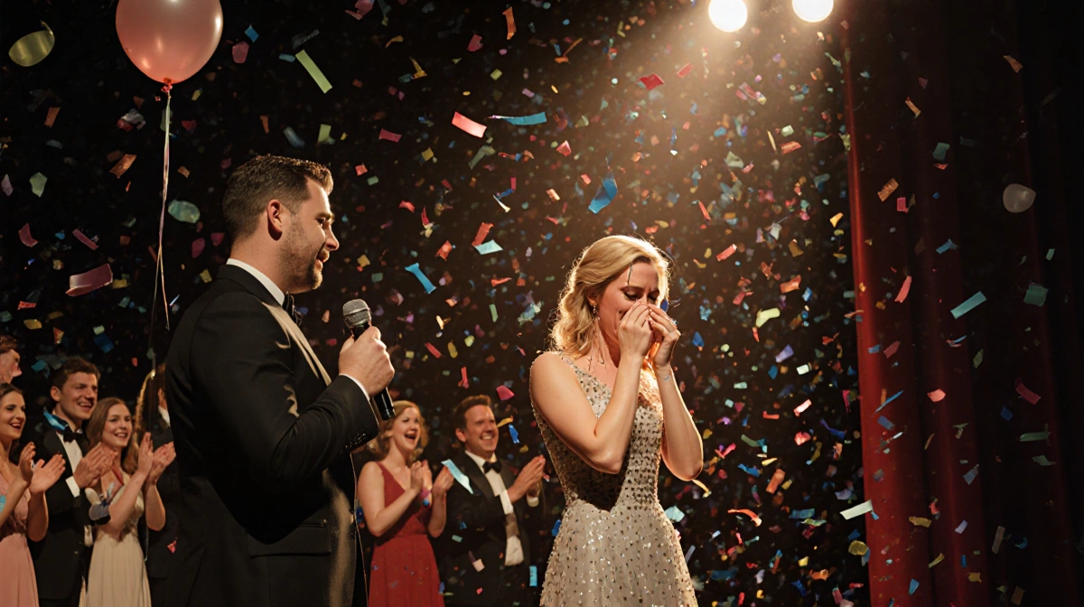 Megan Hilty crying on Broadway stage with Josh Lamon holding microphone and confetti falling