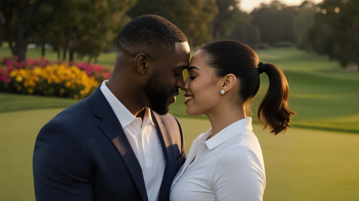 Megan Thee Stallion and Klay Thompson flirt on a golf green with golden light and a blurred floral backdrop.