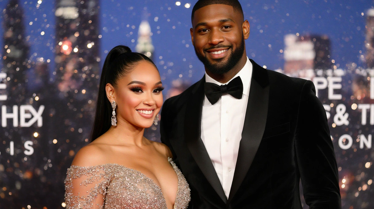 Megan Thee Stallion and Klay Thompson pose for photos on the red carpet with a glamorous gown and tuxedo and a sparkling blur