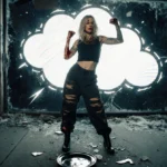 Megan Moroney standing triumphantly with bloodied knuckles and torn clothes in front of shattered storefront