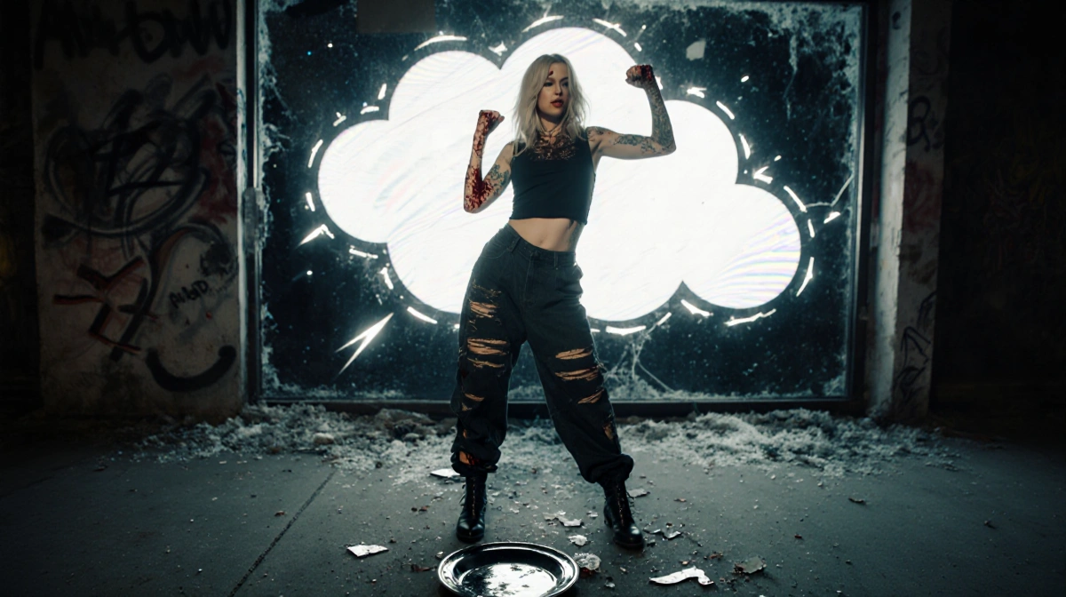 Megan Moroney standing triumphantly with bloodied knuckles and torn clothes in front of shattered storefront