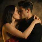 Megan Moroney and Dylan Efron embracing with sultry eye contact and golden lighting in smoky Mr and Mrs Smith inspired music