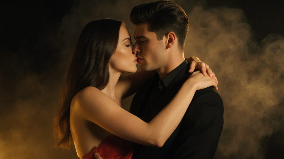 Megan Moroney and Dylan Efron embracing with sultry eye contact and golden lighting in smoky Mr and Mrs Smith inspired music