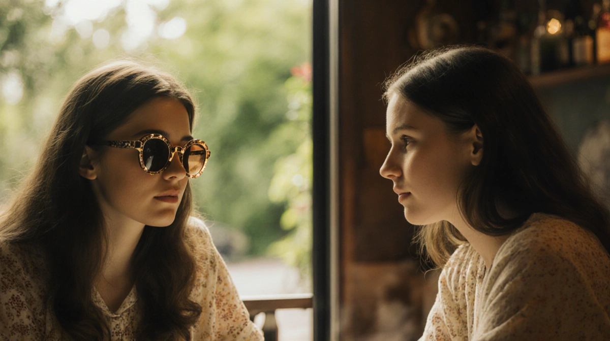 Two women sit across from each other at a cozy café table with vintage sunglasses and soft golden lighting showing quiet café