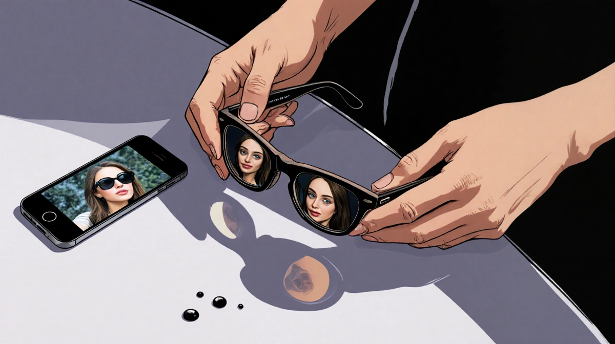 Megan Moroney holds sunglasses with her reflection visible in the lenses and a phone showing Riley Green's viral selfie in th