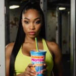 Megan Thee Stallion posing with Dunkin protein drink and gym mirror showing her bold workout outfit