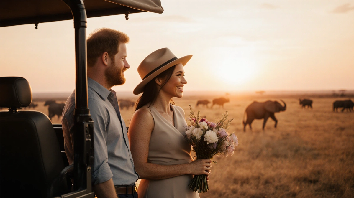 Meghan Markle and Prince Harry smiling at each other beside safari jeep with golden sunset over Botswana landscape