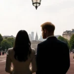 Meghan and Harry stand together at Buckingham Palace gates with London skyline and palace gardens behind