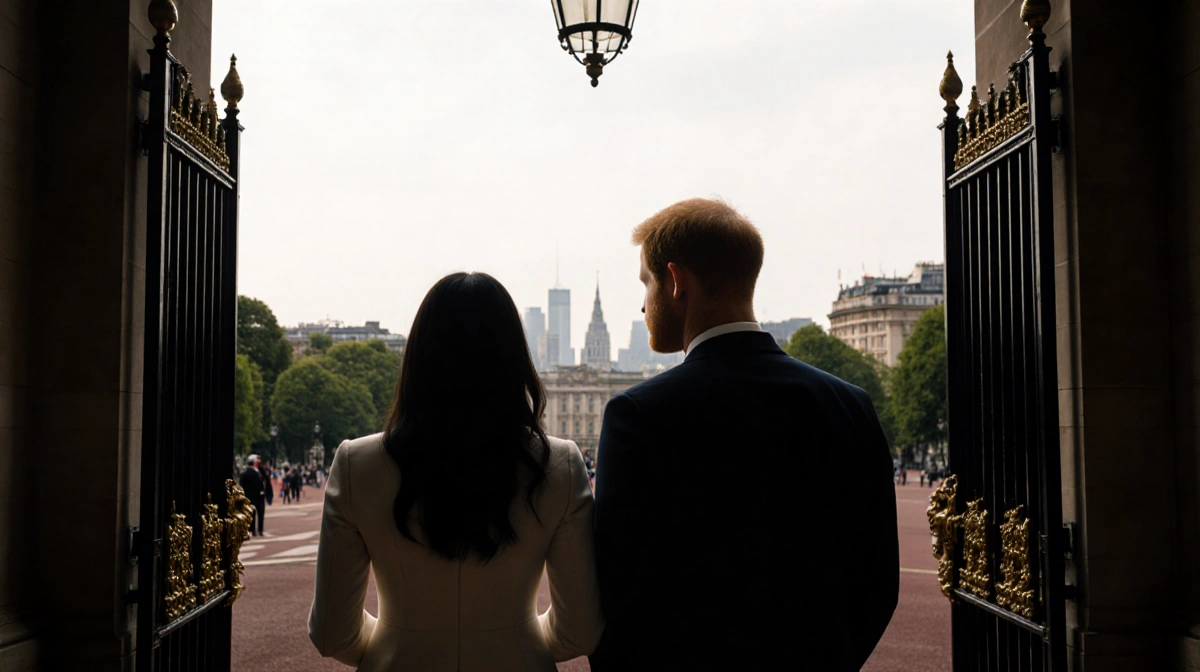 Meghan and Harry stand together at Buckingham Palace gates with London skyline and palace gardens behind