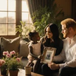Meghan Markle holds a vintage photo frame with Prince Harry and Princess Lilibet in a sunlit living room with British safari