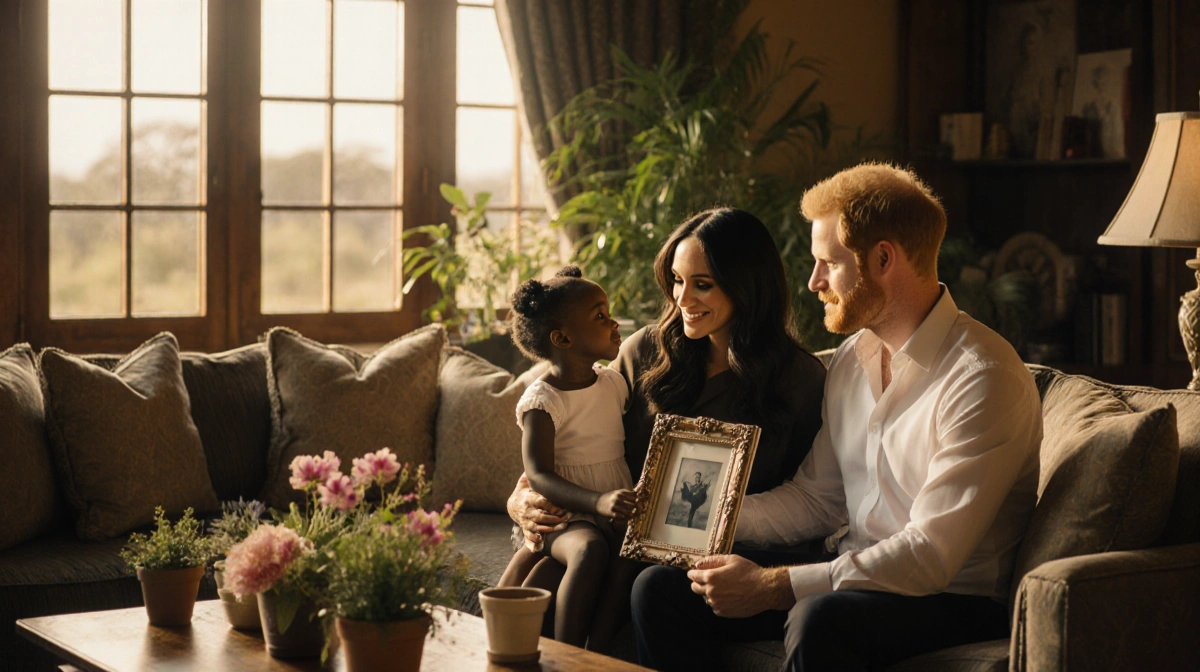Meghan Markle holds a vintage photo frame with Prince Harry and Princess Lilibet in a sunlit living room with British safari