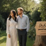 Doria Ragland and Thomas Markle standing together in garden with ParentsTogether logo on wooden sign and warm natural light