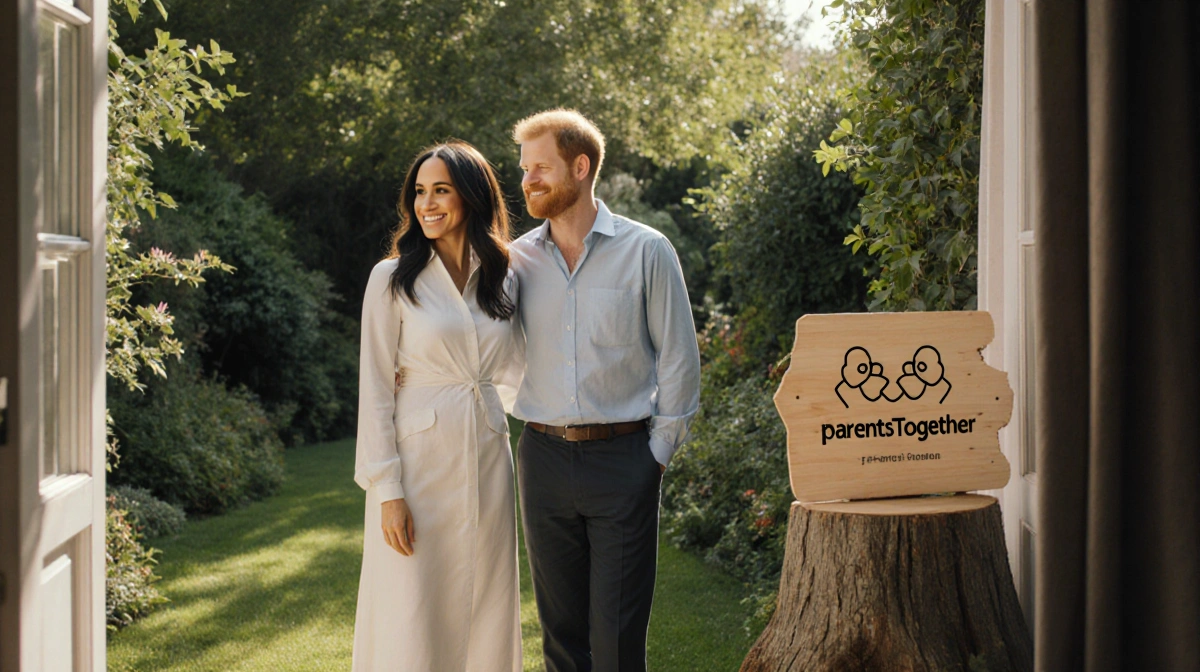 Doria Ragland and Thomas Markle standing together in garden with ParentsTogether logo on wooden sign and warm natural light