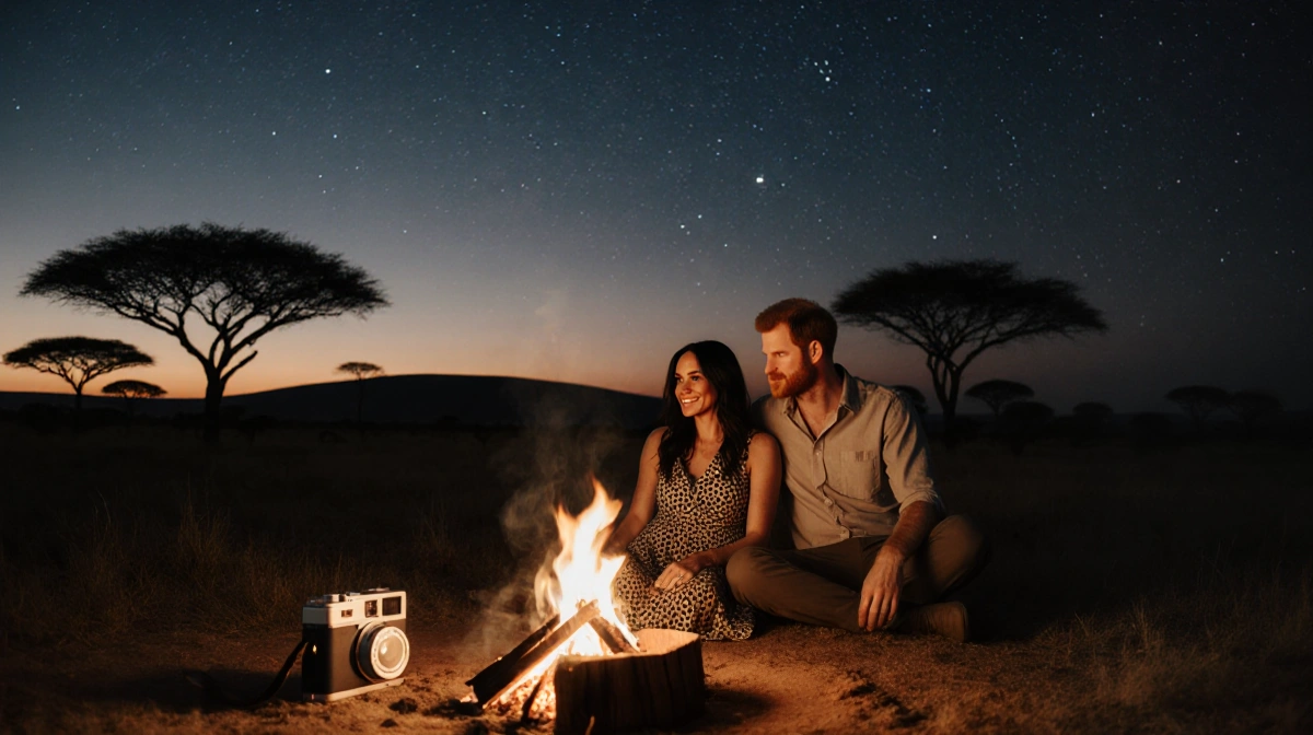 Meghan Markle and Prince Harry sitting by campfire with daughter Lilibet playing behind them under African savanna sunset