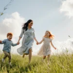 Meghan Markle skipping through meadow with Prince Archie and Princess Lilibet holding hands under sunny sky