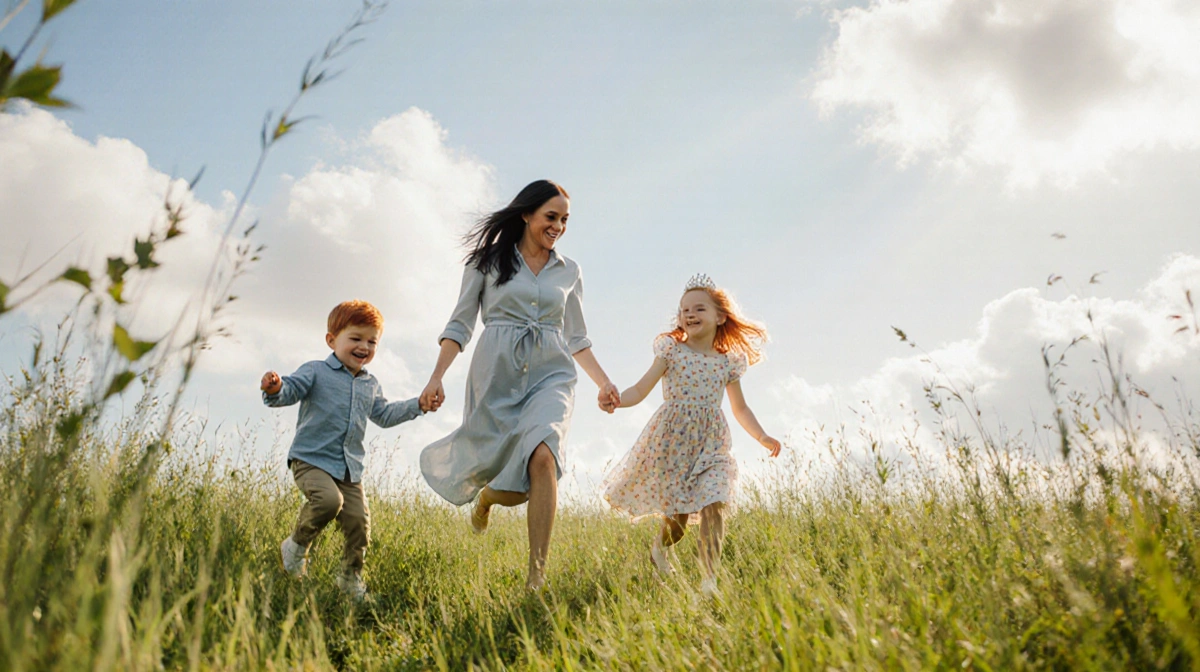 Meghan Markle skipping through meadow with Prince Archie and Princess Lilibet holding hands under sunny sky
