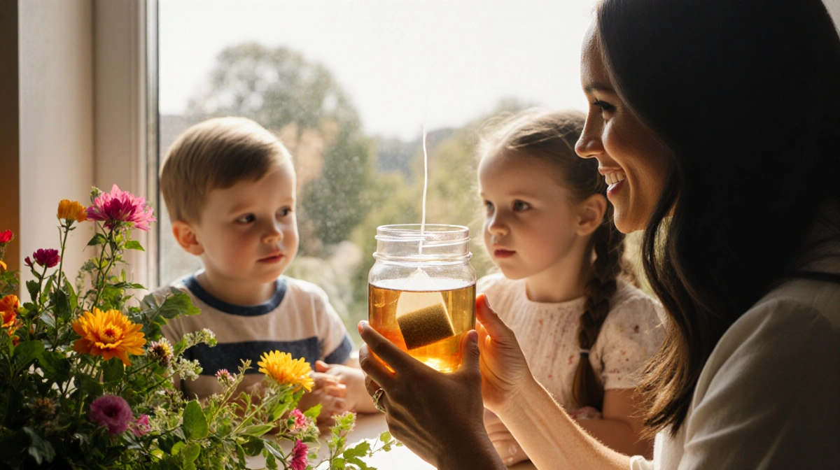 Meghan Markle brewing tea in mason jar with sunlight and children watching