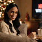 Meghan Markle sits with decorations and a cup of coffee as a Netflix logo glows on the TV screen.