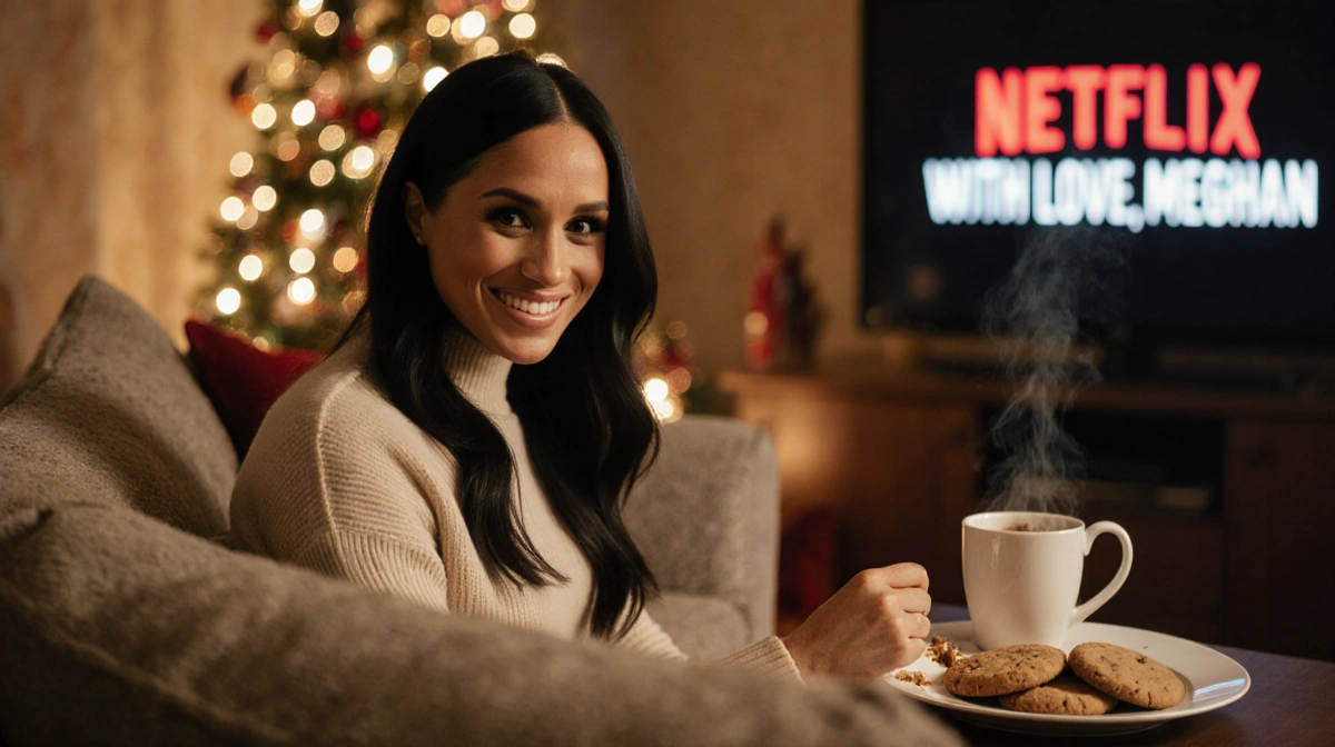 Meghan Markle sits with decorations and a cup of coffee as a Netflix logo glows on the TV screen.