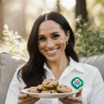 Meghan Markle holding a plate of cookies with a single cookie visible against lush outdoor greenery and Girl Scout badges