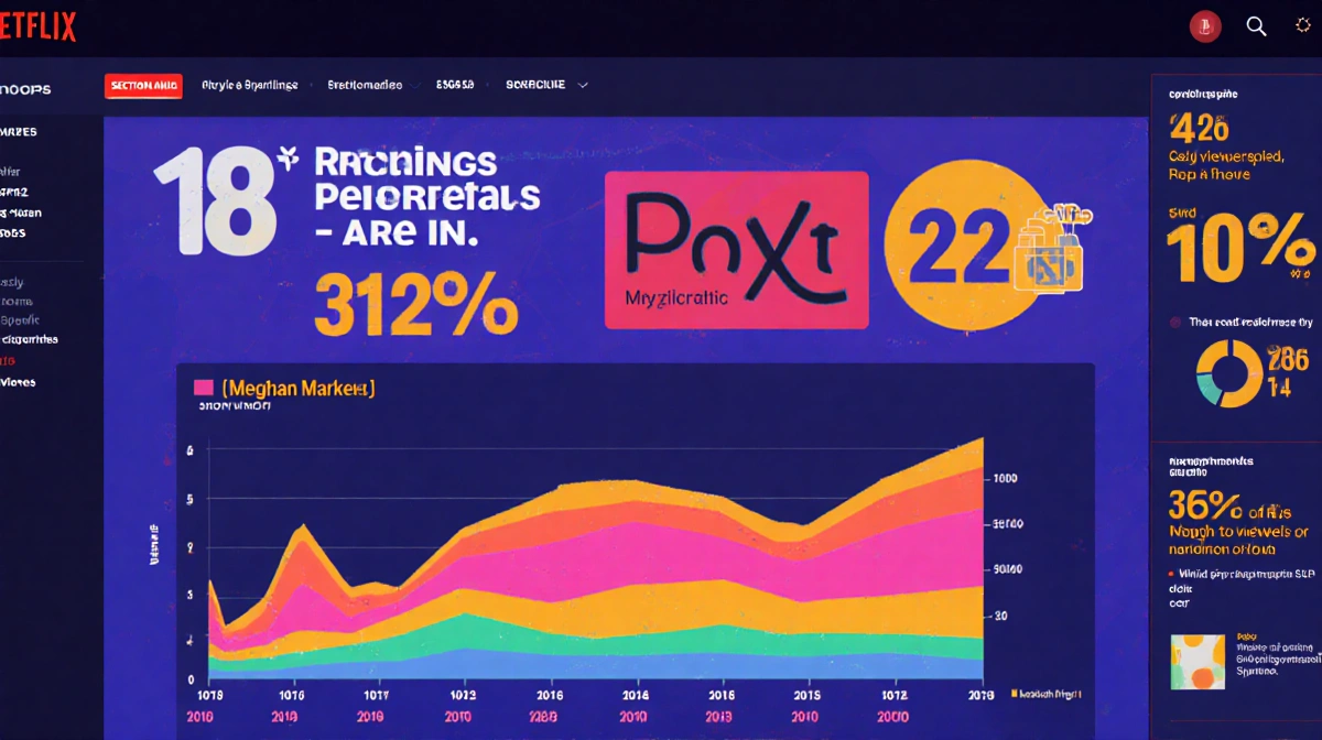 Infographic charts Meghan Markle season viewership growth with bold Netflix colors and clean typography.