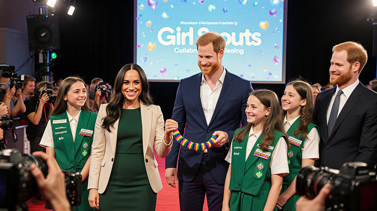 Meghan Markle holds a friendship bracelet up to the crowd while Prince Harry smiles with Girl Scouts and a backdrop.