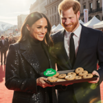 Meghan Markle holds a tray of Girl Scout cookies on the Sundance Film Festival red carpet with Prince Harry smiling beside he