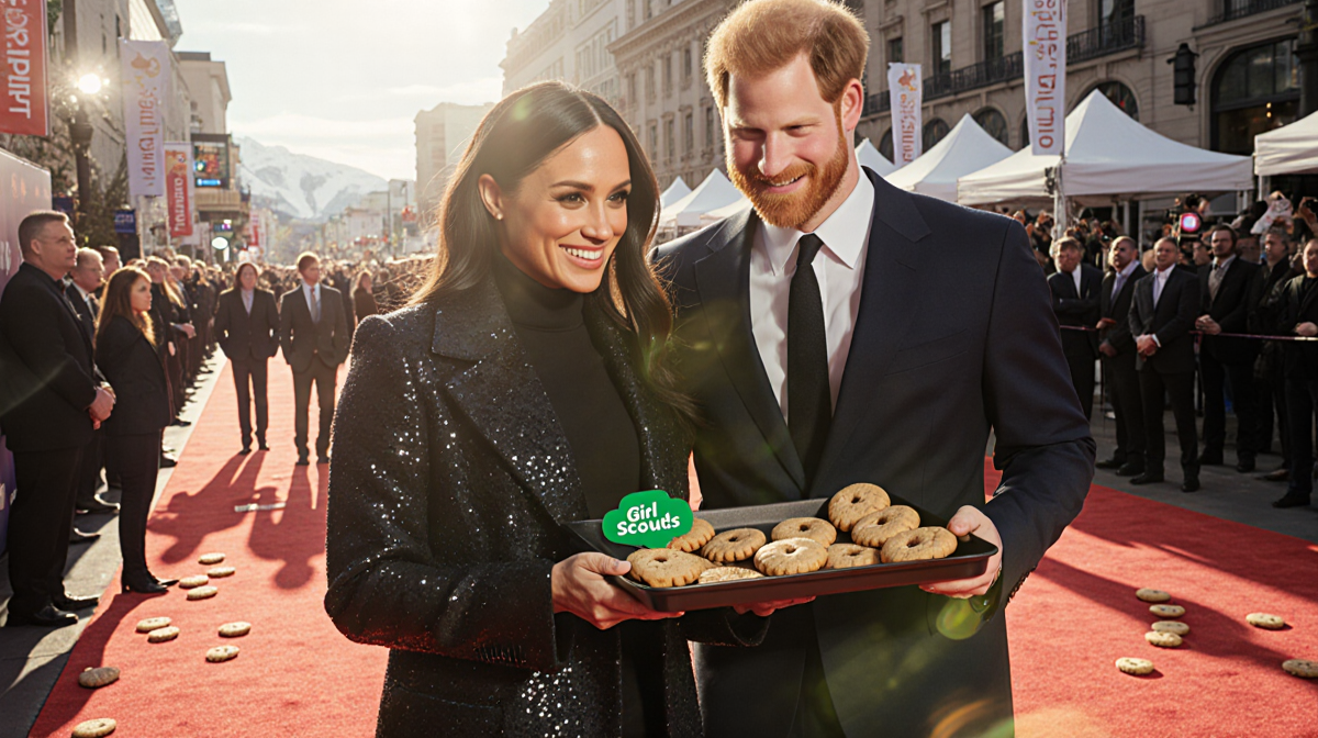 Meghan Markle holds a tray of Girl Scout cookies on the Sundance Film Festival red carpet with Prince Harry smiling beside he