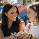 Meghan Markle sitting beside a young girl holding a friendship bracelet with smiles and Sundance Film Festival banners behind