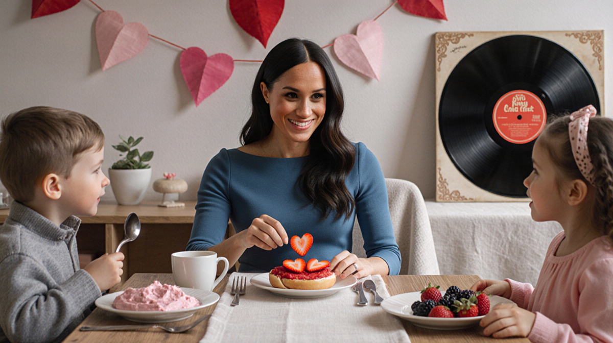 Meghan Markle enjoys a Valentine breakfast with Archie and Lilibet at a table with a red bagel topped with strawberry hearts