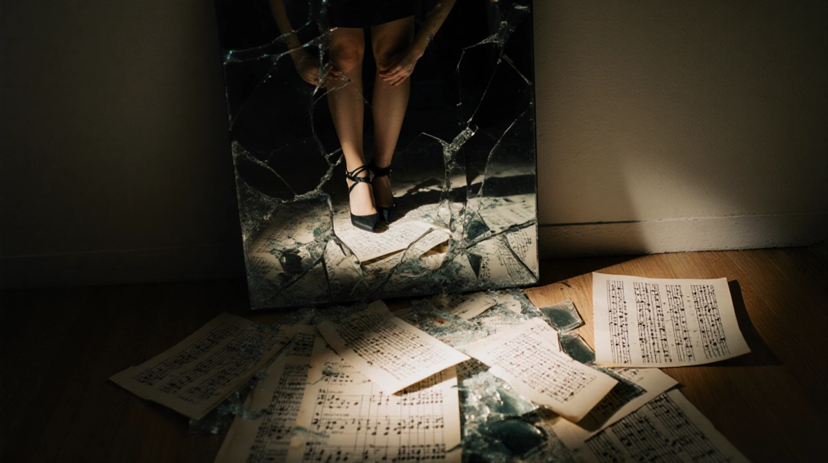 Meghan Patrick stares at broken mirror shards with tattered Golden Child Deluxe lyrics scattered at her feet