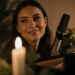 Meghan Patrick playing piano with candles and greenery creating intimate singer-songwriter atmosphere