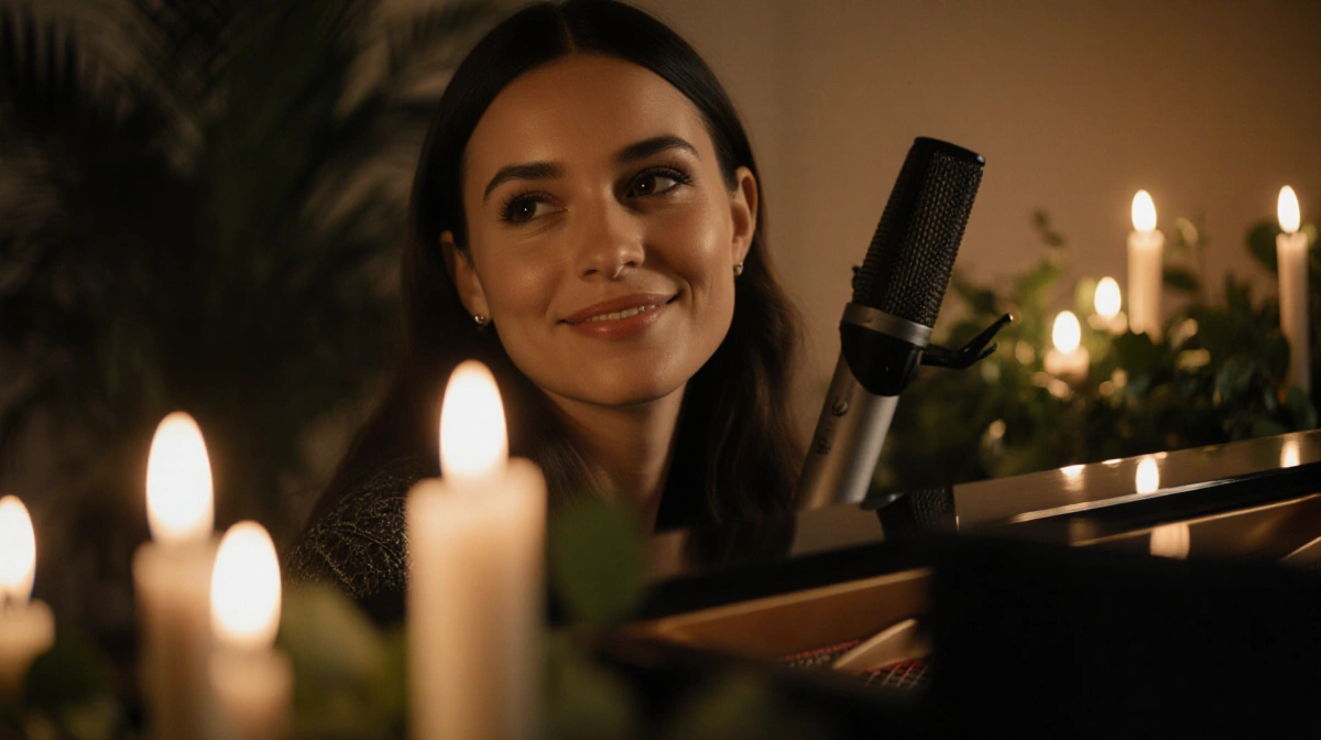 Meghan Patrick playing piano with candles and greenery creating intimate singer-songwriter atmosphere