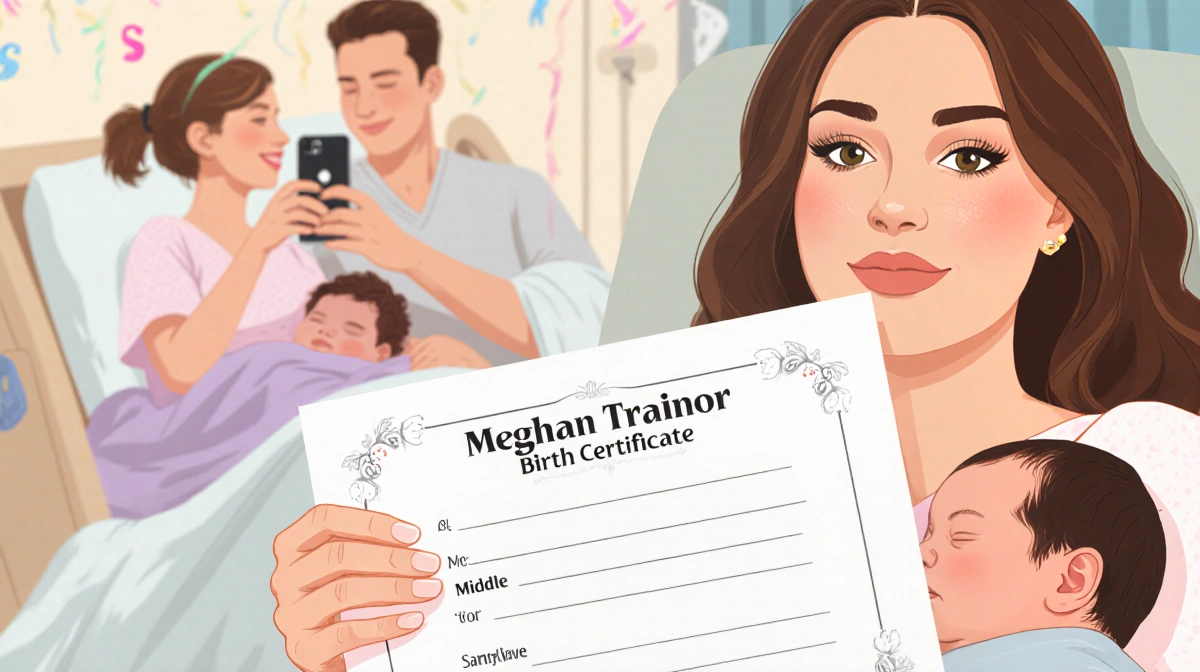 Meghan Trainor holding newborn daughter with birth certificate showing unique middle name and family celebrating behind