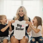 Meghan Trainor holds a Big Sister onesie with her three children on couch in bright nursery with balloons