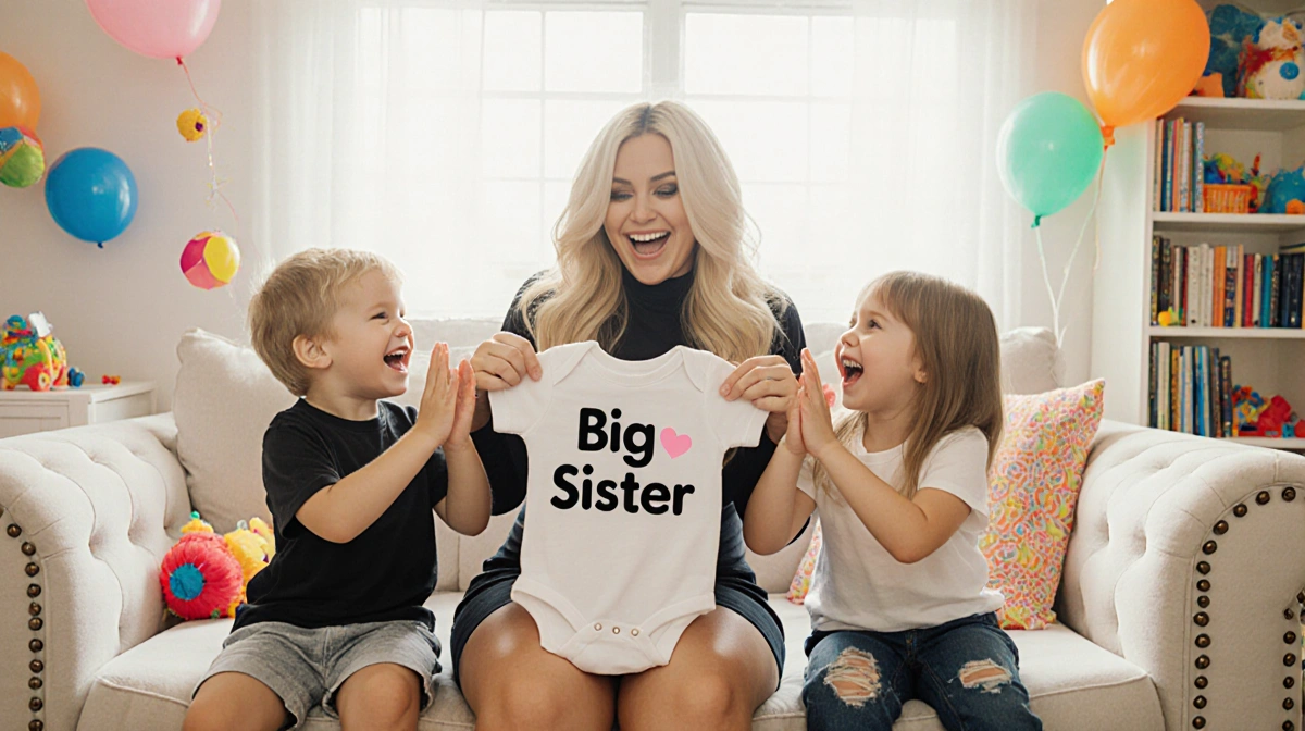 Meghan Trainor holds a Big Sister onesie with her three children on couch in bright nursery with balloons