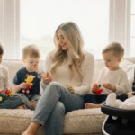 Meghan Trainor sits with her three kids on plush couch with soft light streaming through windows behind them