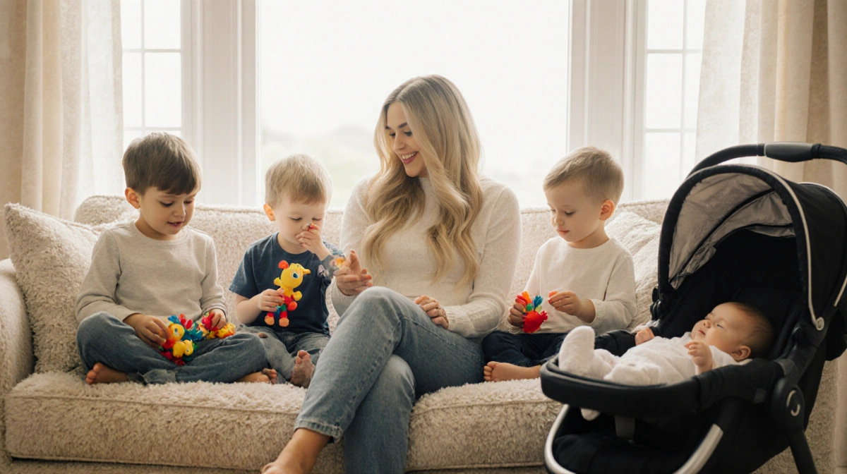 Meghan Trainor sits with her three kids on plush couch with soft light streaming through windows behind them