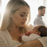 Meghan Trainor cuddling her newborn daughter with soft natural light and family visible in background