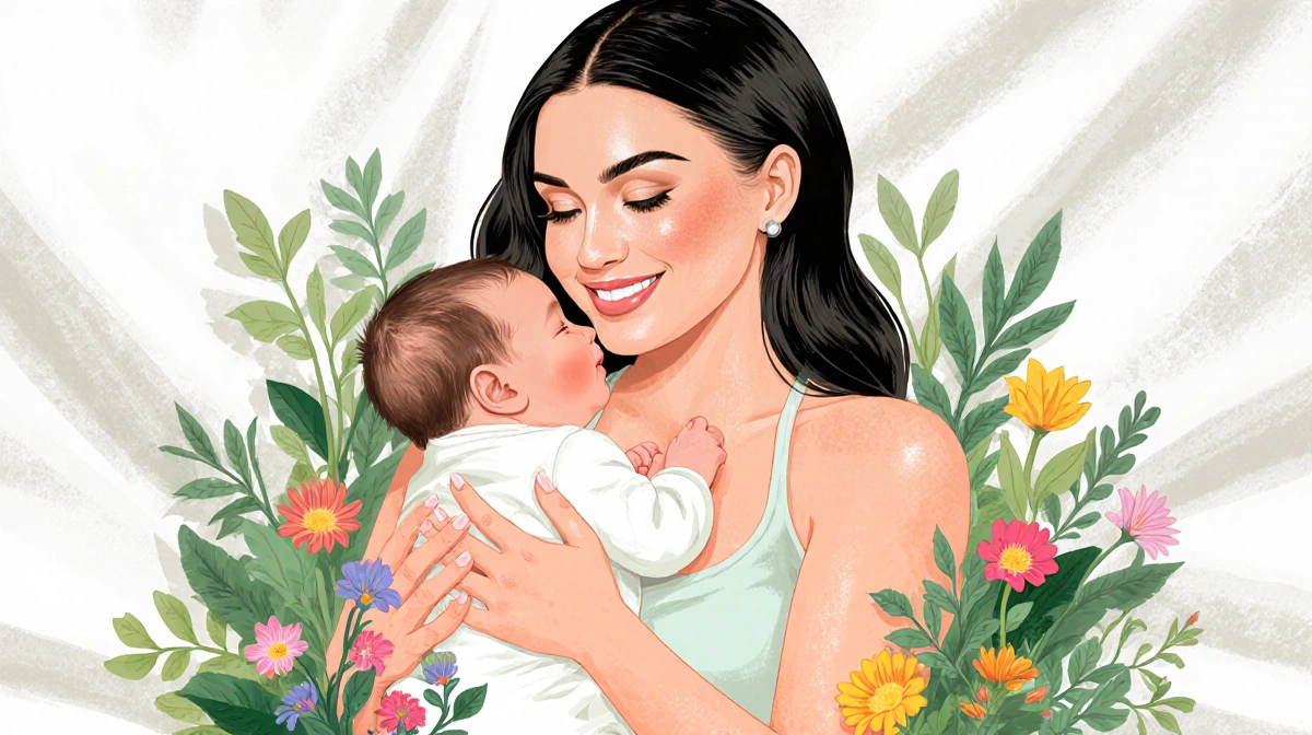 Meghan Trainor cradling newborn Mikey Moon with a bright smile amid lush greenery and colorful flowers.