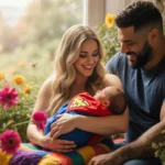 Meghan Trainor holding her newborn daughter with a colorful blanket and a tiny Superwoman cape amid lush greenery.