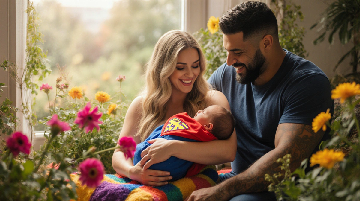 Meghan Trainor holding her newborn daughter with a colorful blanket and a tiny Superwoman cape amid lush greenery.