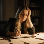 Meghan Trainor writing at desk with notepad and golden light showing frustrated determination
