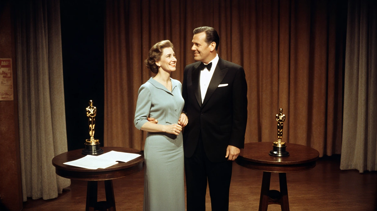 Mel Brooks and Anne Bancroft rehearsing on stage with script pages and Oscar statuette nearby